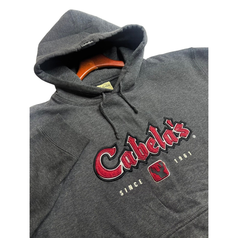Men Cabela's 1961 Pullover Grey/Maroon Hoodie Sweatshirt‎ Heavy Size Large Patch